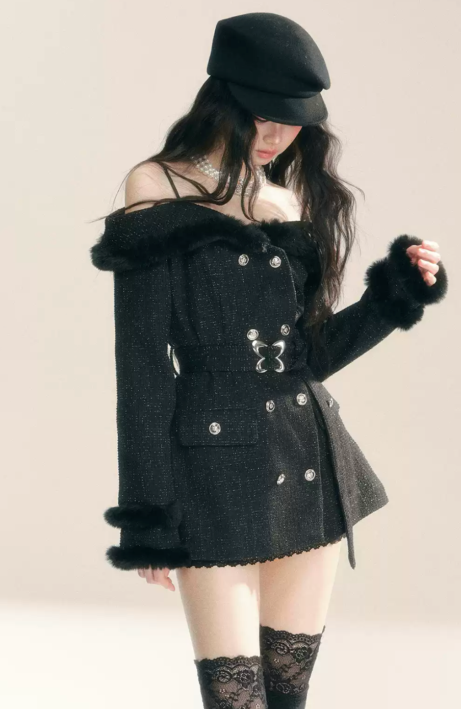 Black off-shoulder mini dress coat with belt