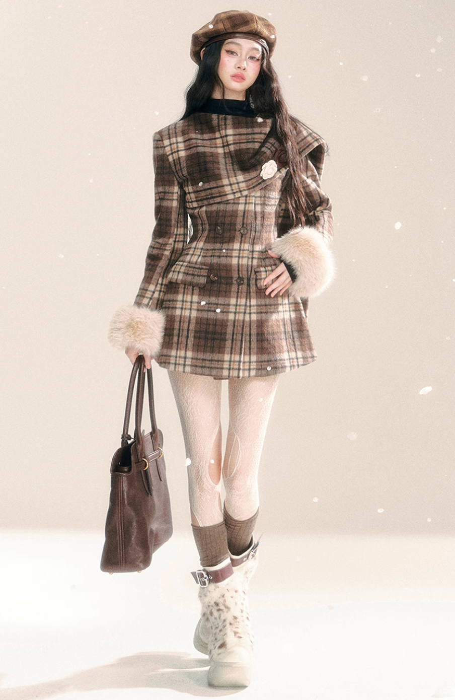 Brown checked dress coat with scarf cape