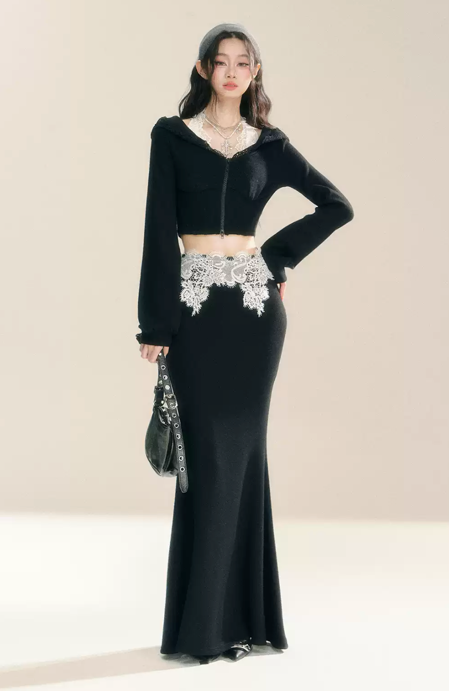 Black long sleeve fake two piece lace top and skirt look