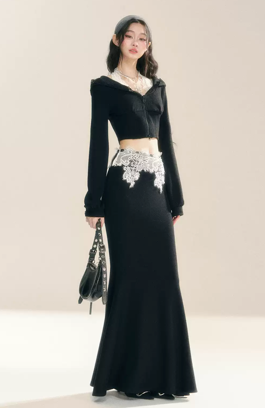 Black long sleeve fake two piece lace top and skirt look