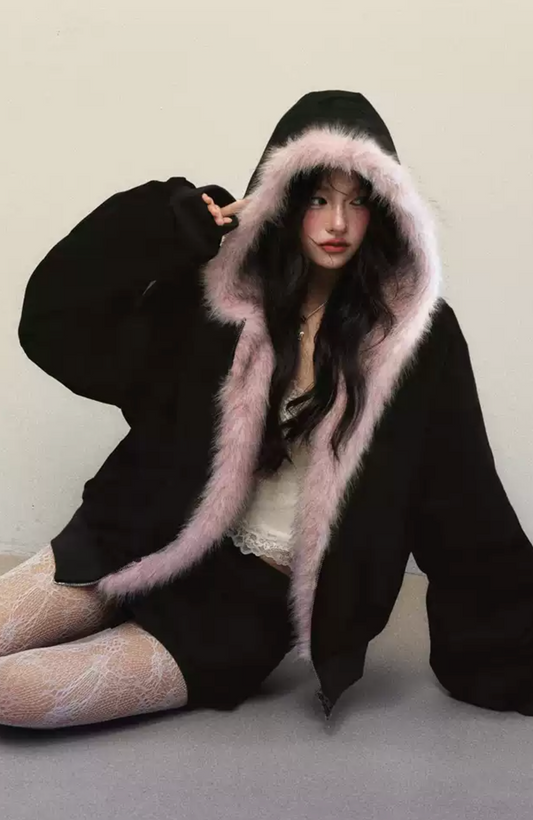 Pink fur reversible hooded jacket