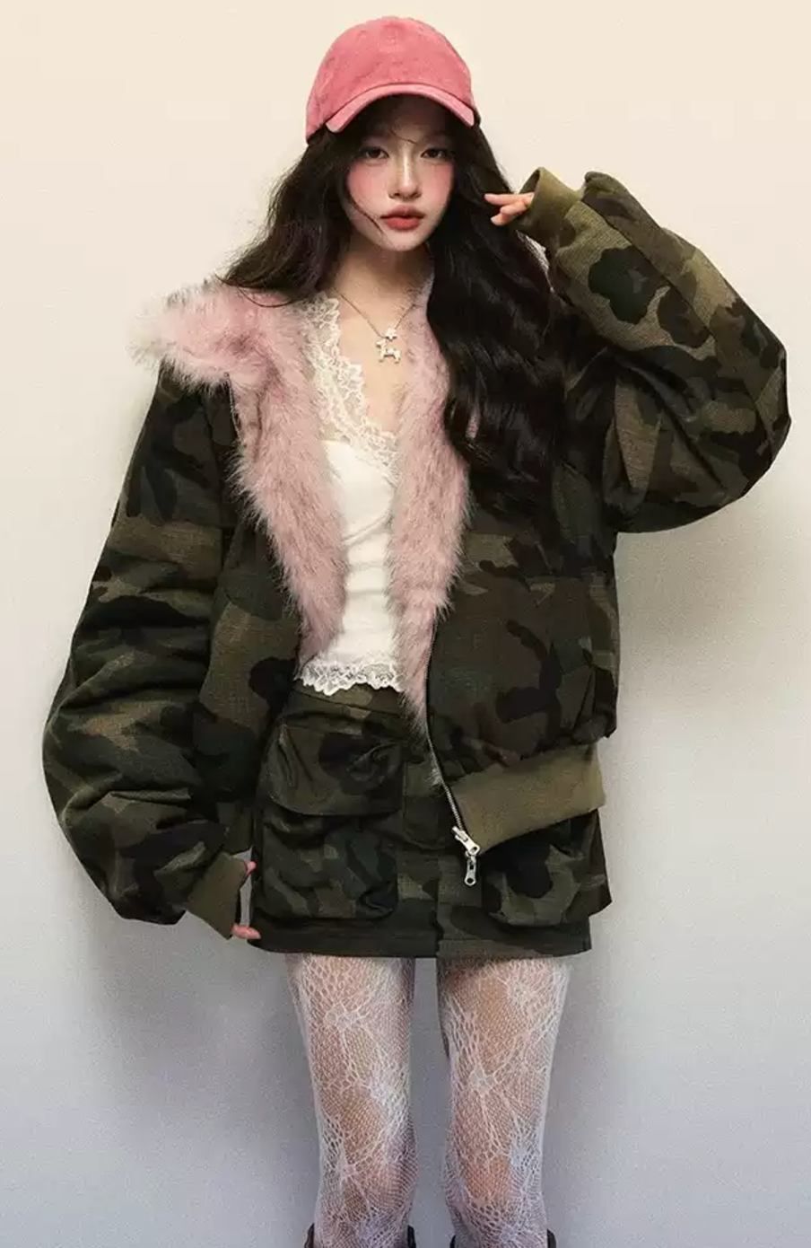 Pink fur reversible hooded jacket