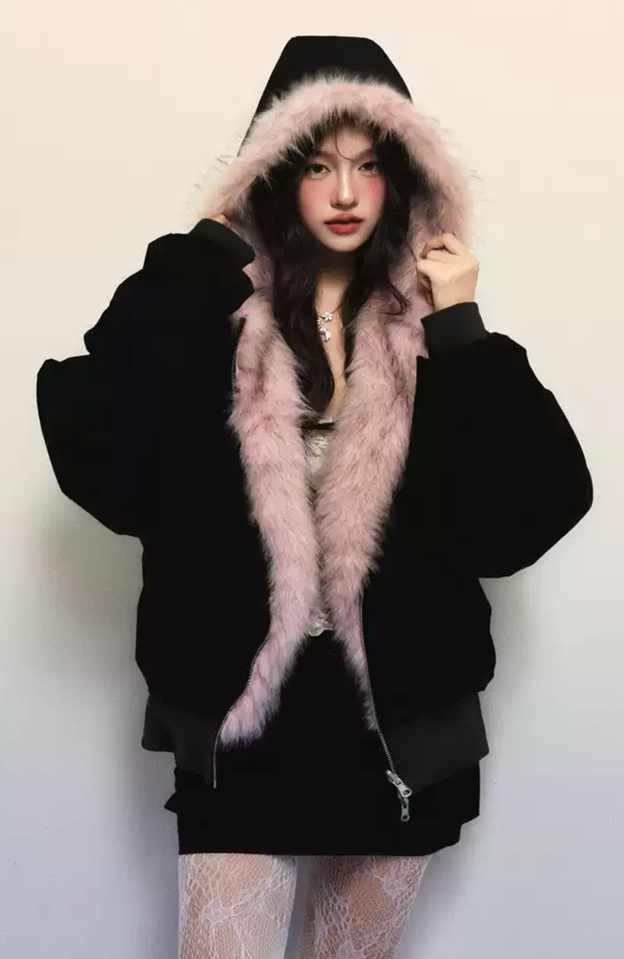 Pink fur reversible hooded jacket