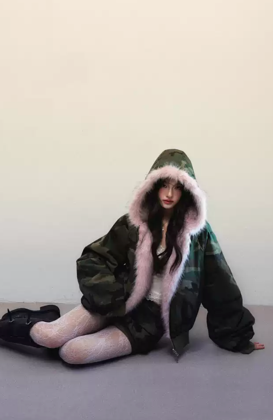 Pink fur reversible hooded jacket