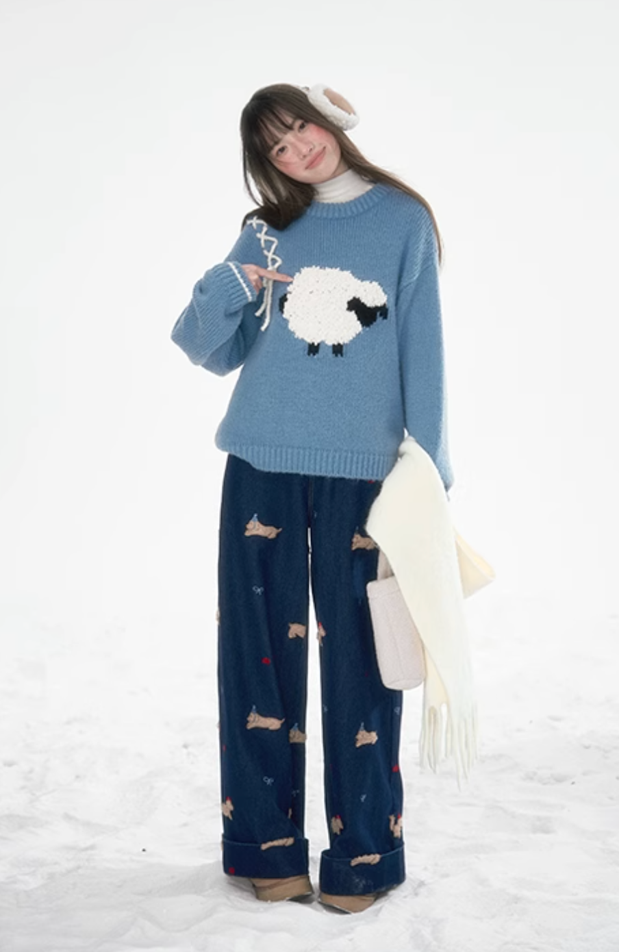 Blue lamb sweater with ribbon detail