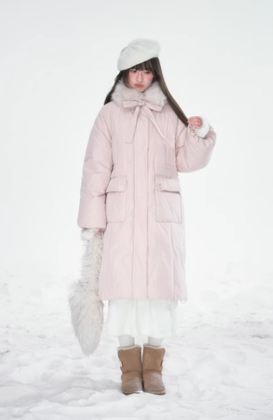 Pink fur collar duck down coat with ribbon detail