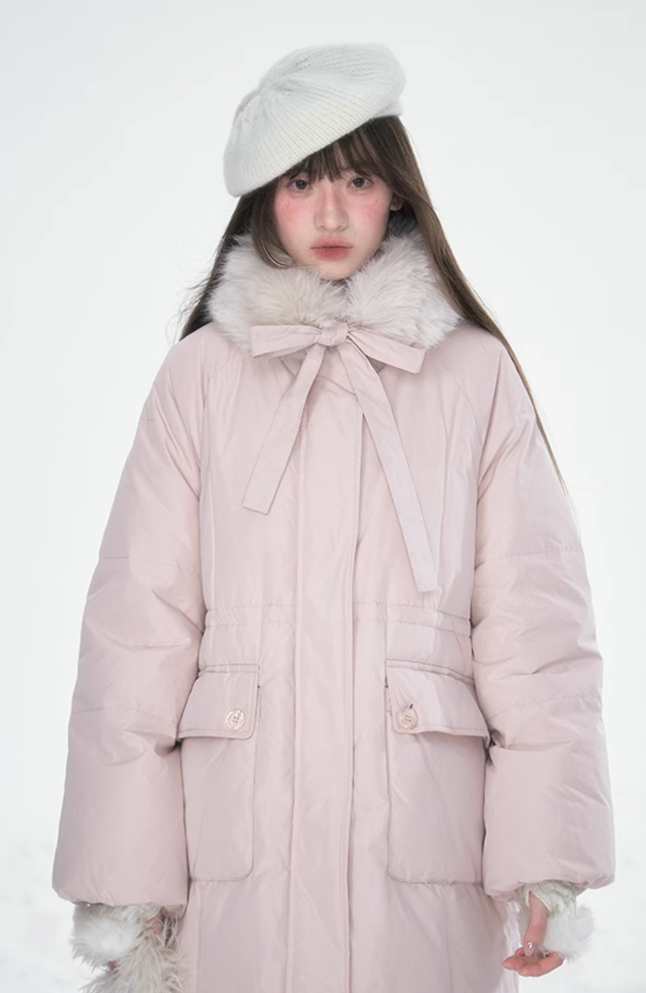 Pink fur collar duck down coat with ribbon detail