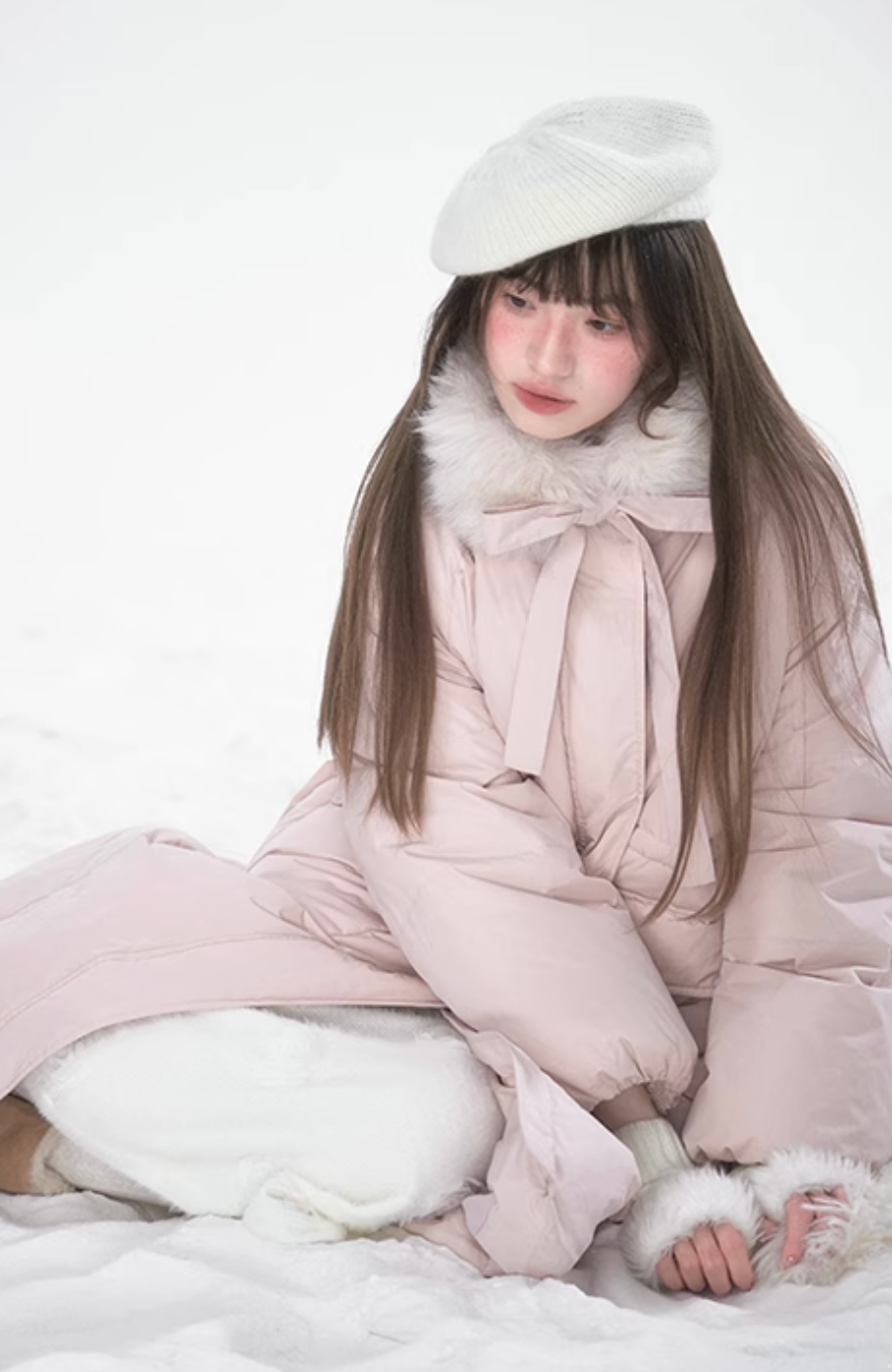 Pink fur collar duck down coat with ribbon detail