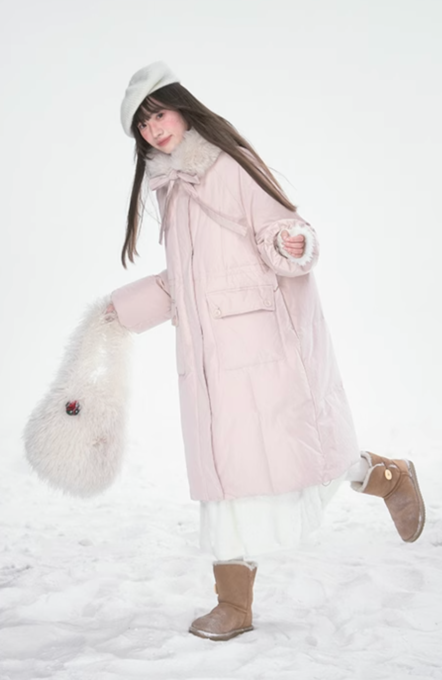 Pink fur collar duck down coat with ribbon detail