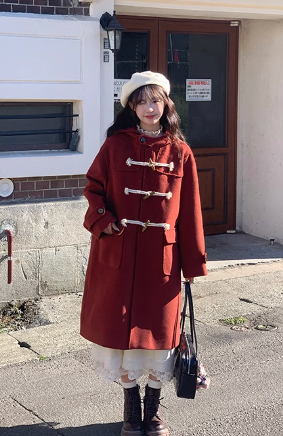 Red long woolen coat