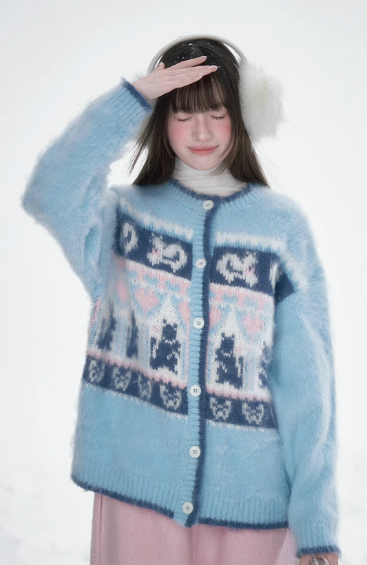 Blue cat pattern knitted cardigan sweater