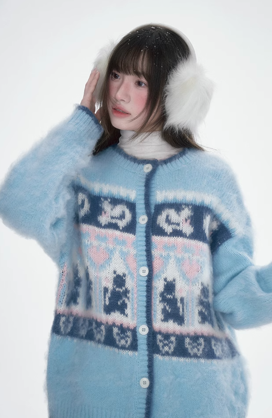 Blue cat pattern knitted cardigan sweater