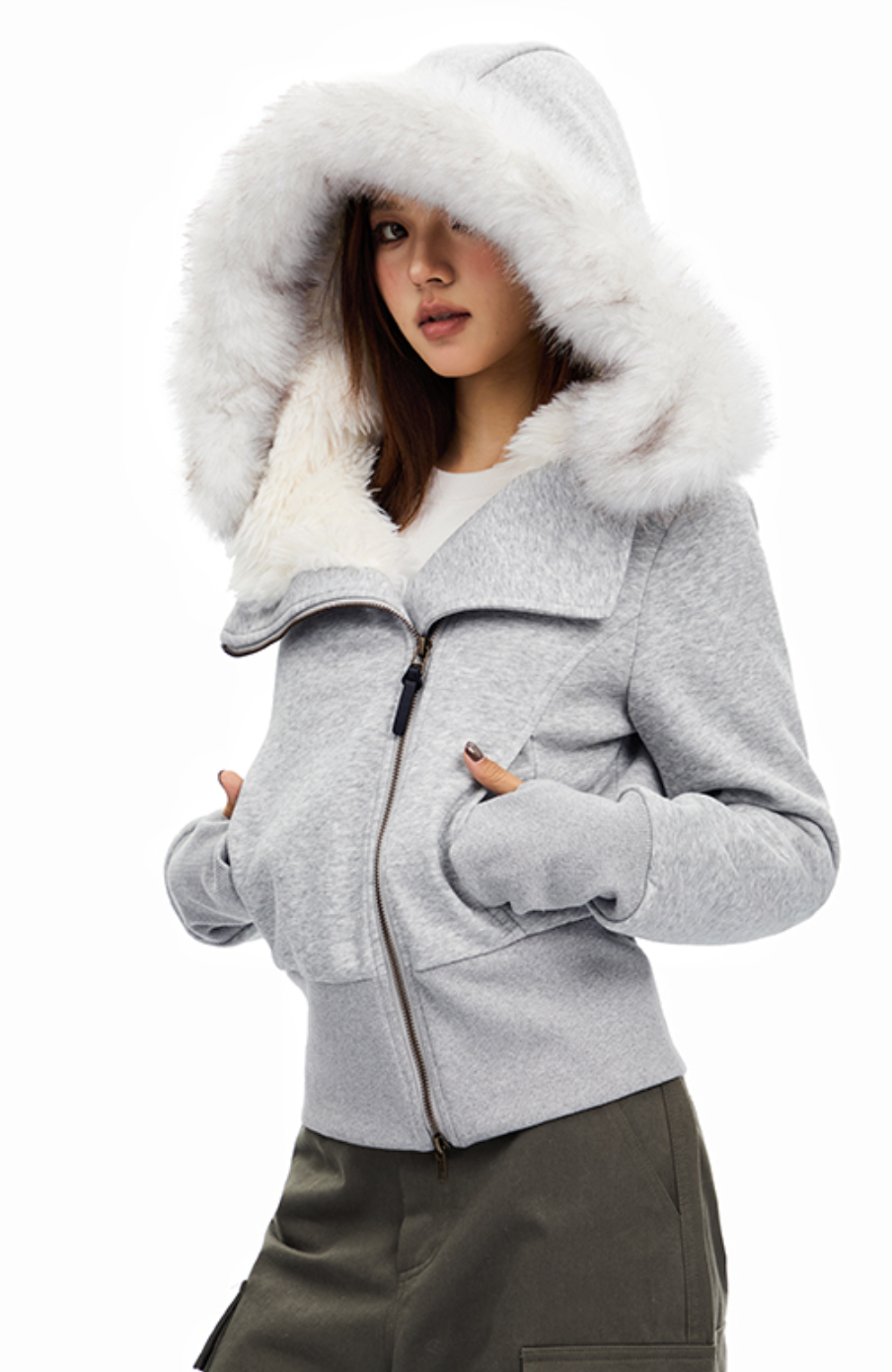 Fur hooded zipper jacket