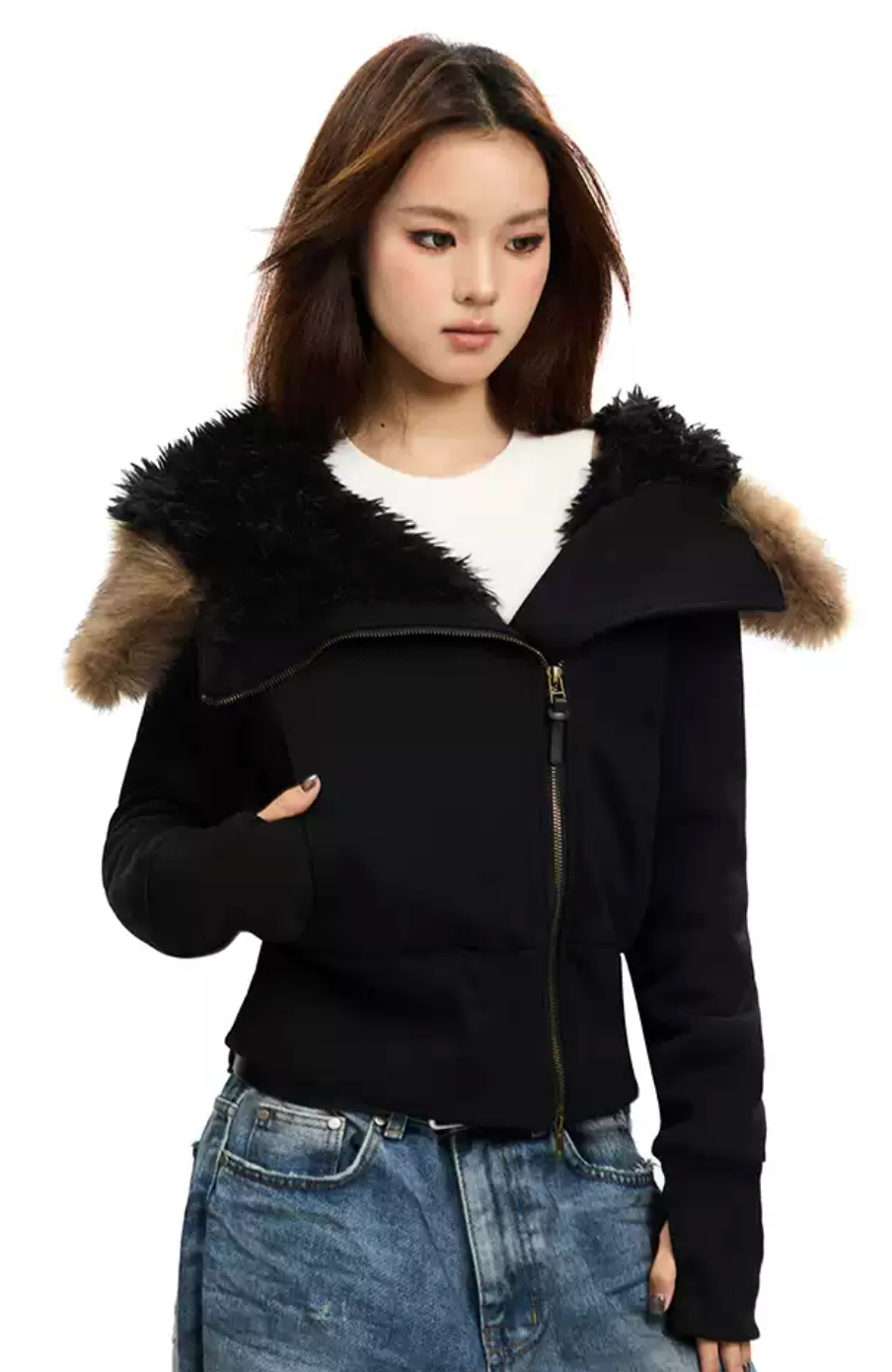 Fur hooded zipper jacket