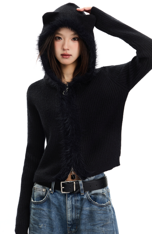 Cat ears hooded cardigan sweater