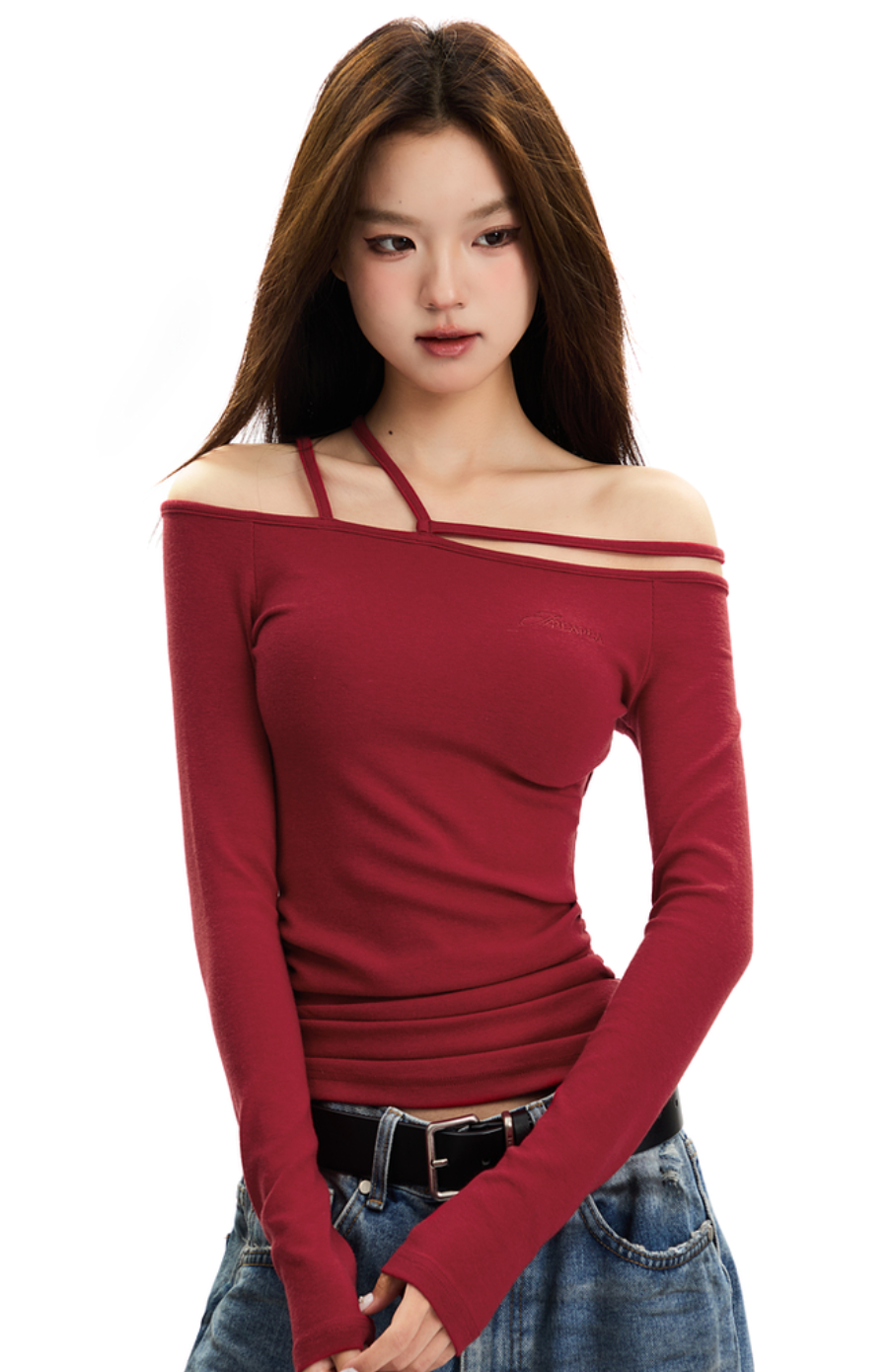 Off-shoulder strap long sleeve top