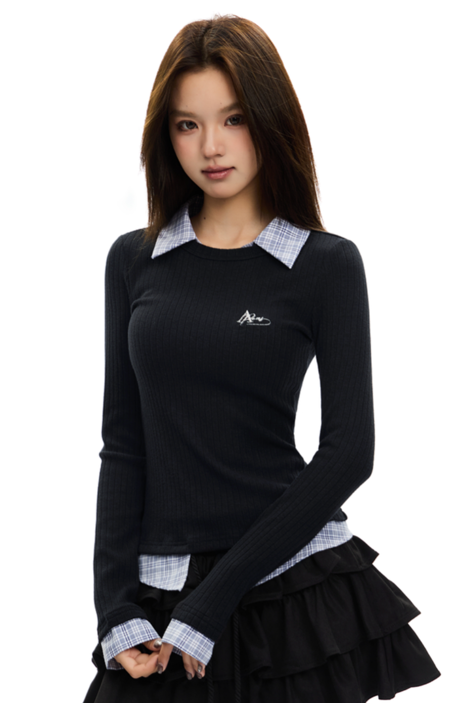 Long sleeve fake two-piece top