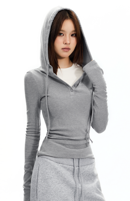 Long sleeve hooded fake two-piece top