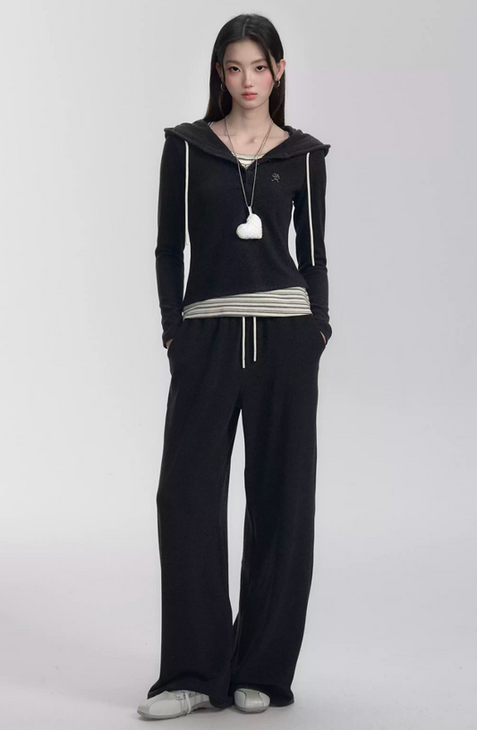 Hooded fake two-piece sweatshirt and sweatpants set