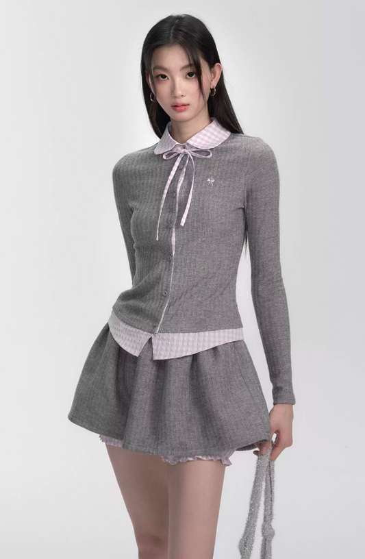 Gray and pink plaid fake two-piece knitted sweater and skirt set