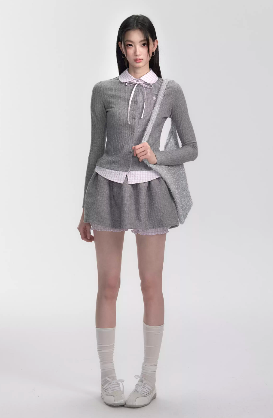 Gray and pink plaid fake two-piece knitted sweater and skirt set