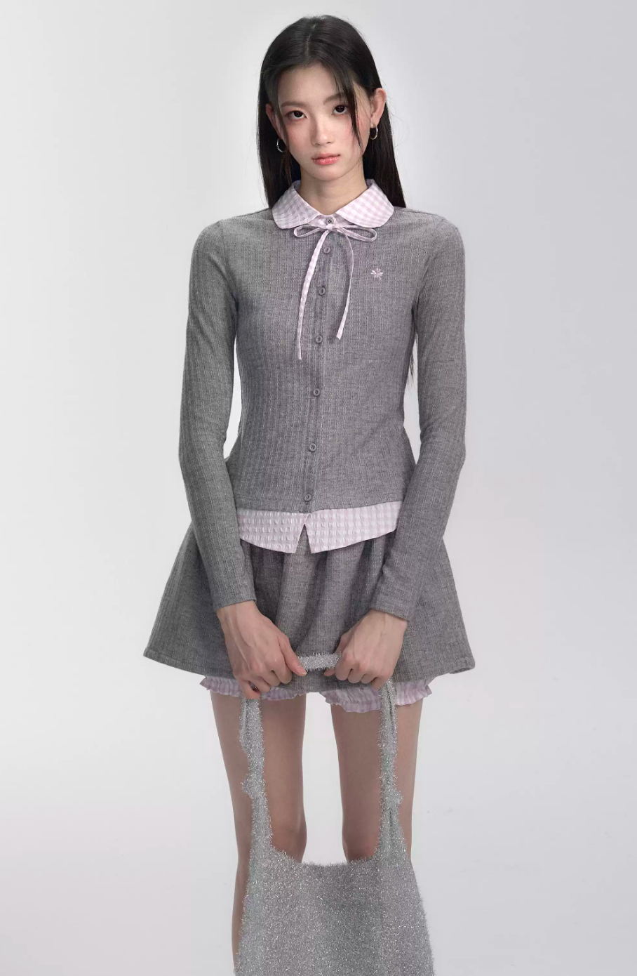 Gray and pink plaid fake two-piece knitted sweater and skirt set