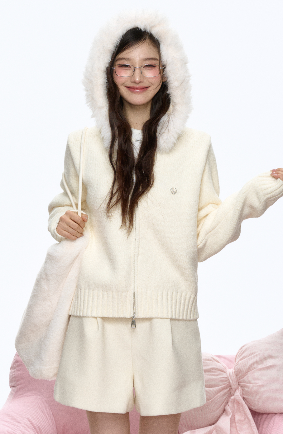 Cream fur hooded zipper sweater