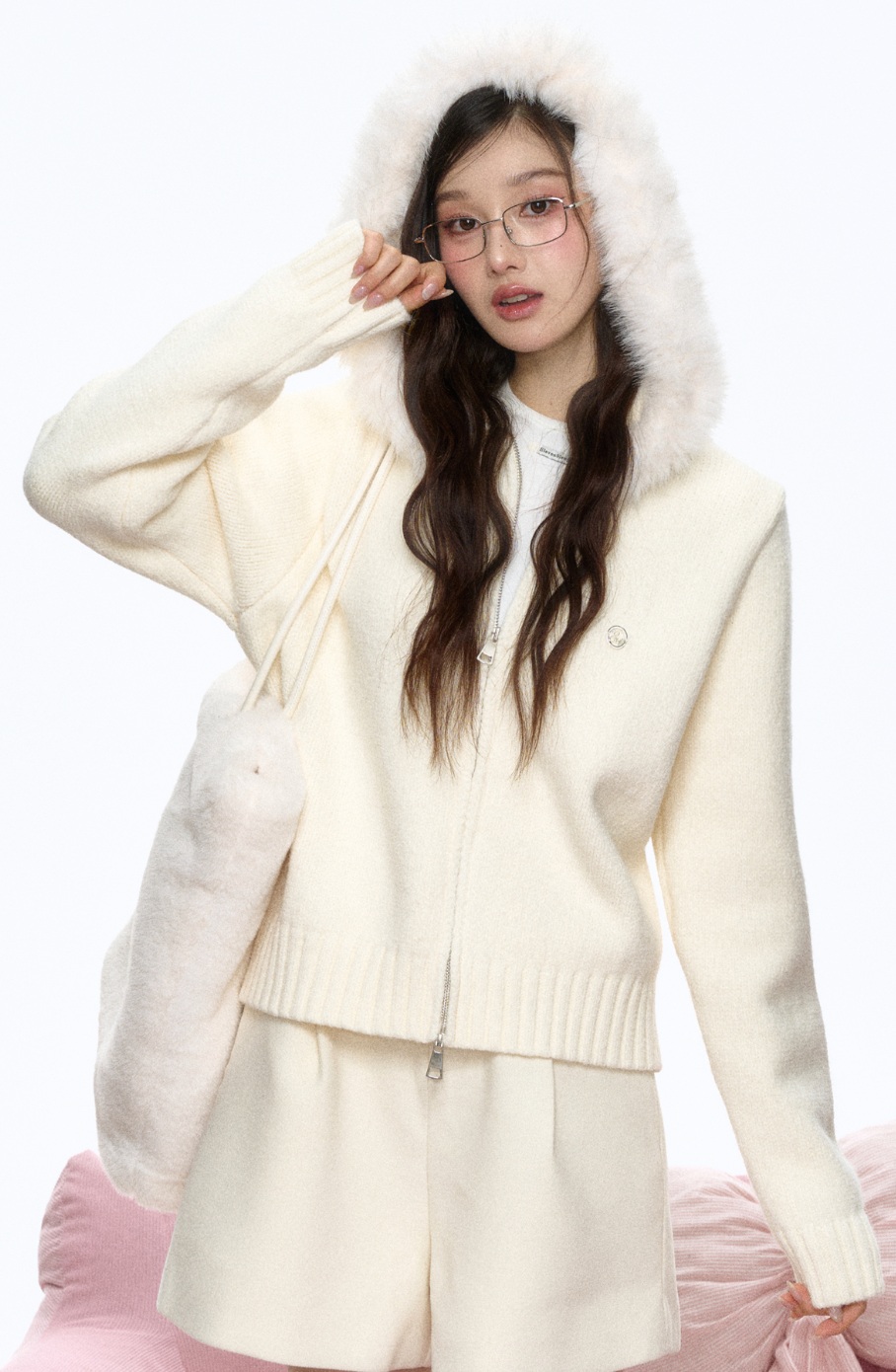 Cream fur hooded zipper sweater