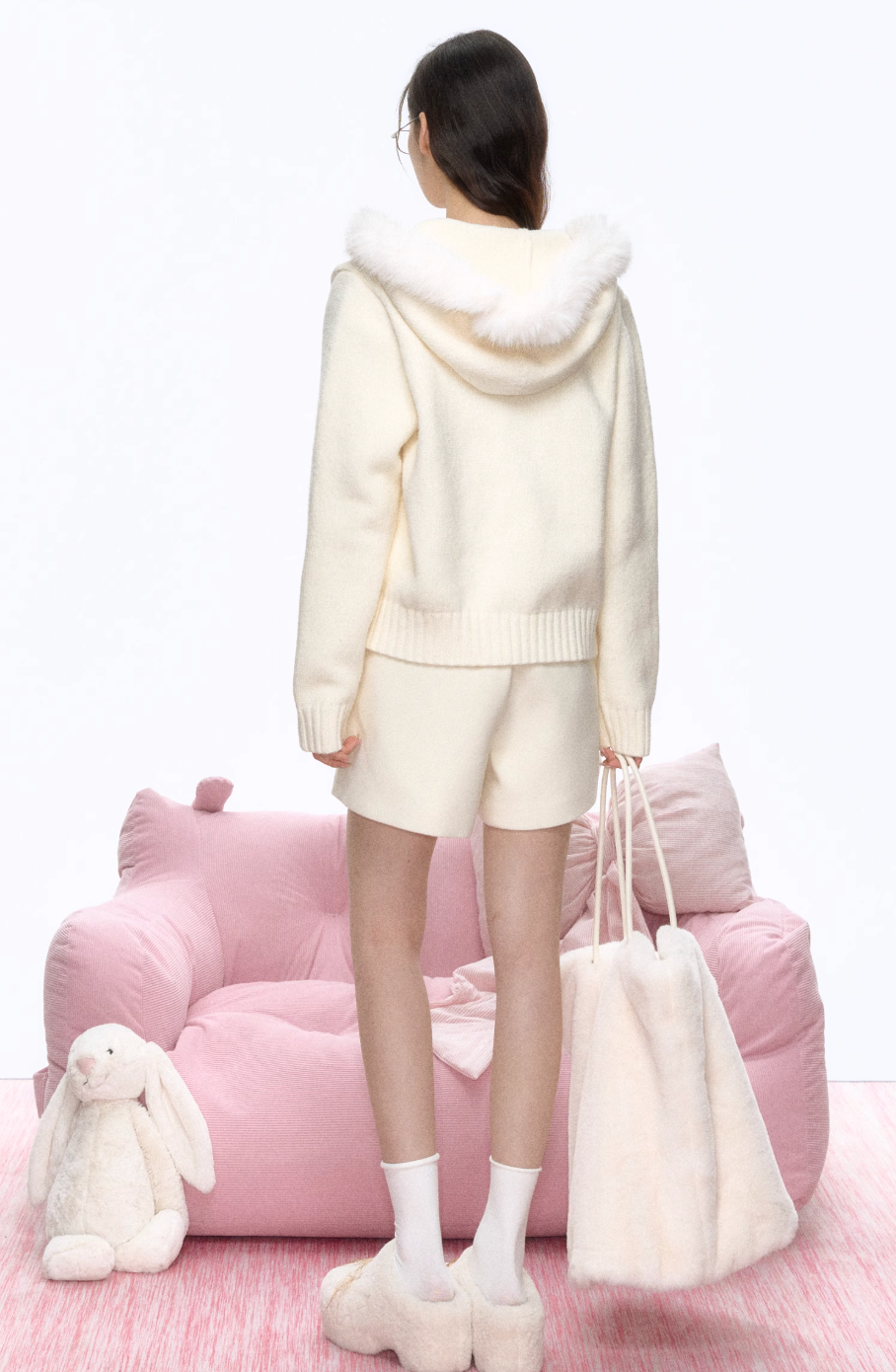 Cream fur hooded zipper sweater