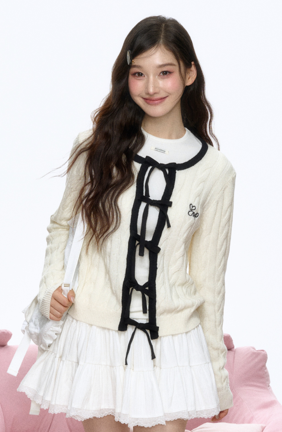 Cream ribbon cardigan sweater