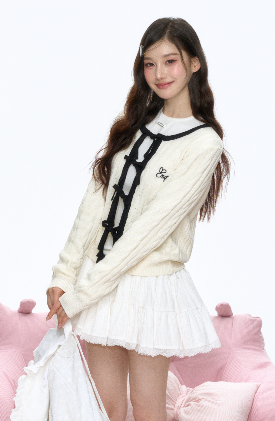 Cream ribbon cardigan sweater