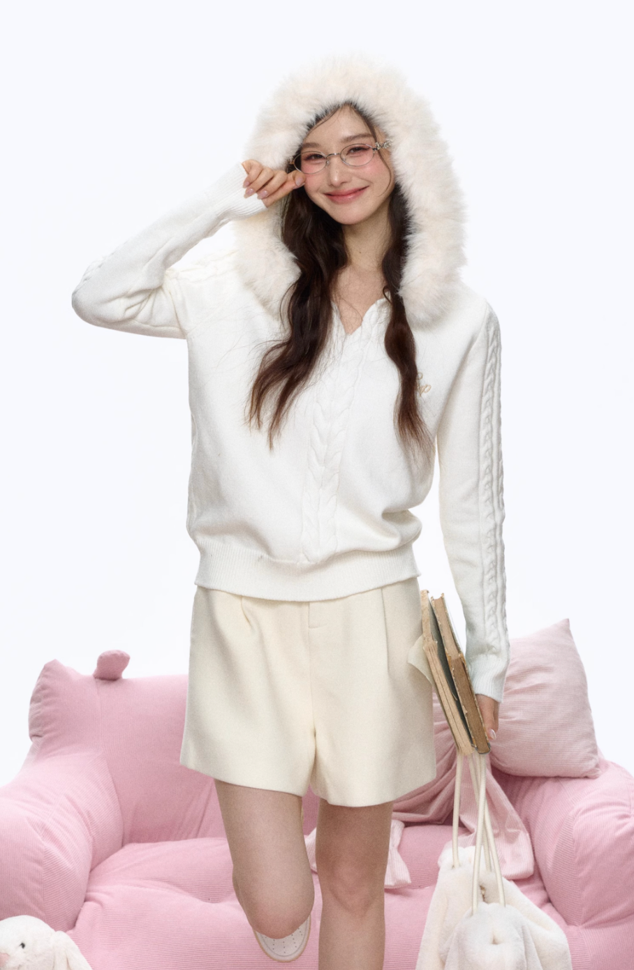 Fur hooded knitted sweater