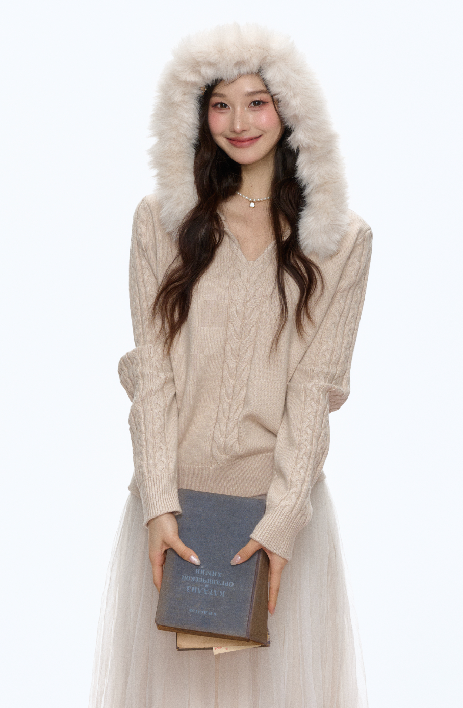 Fur hooded knitted sweater