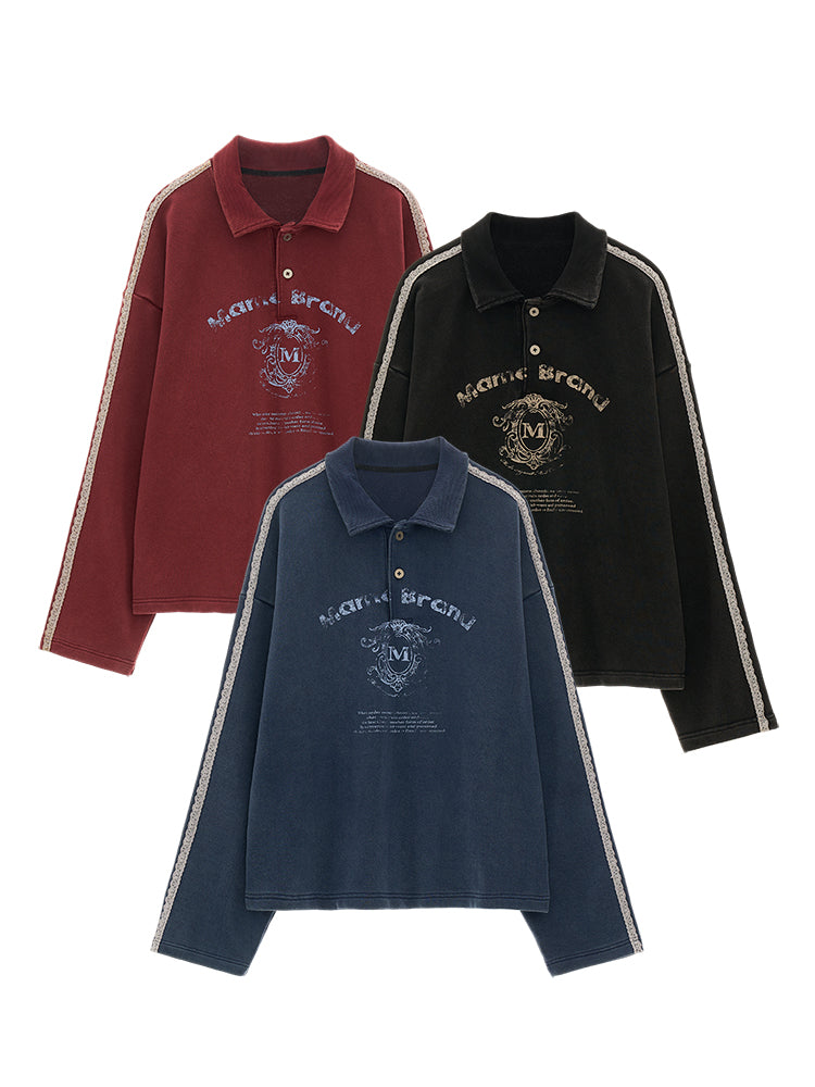 Branded washed long sleeve polo sweater