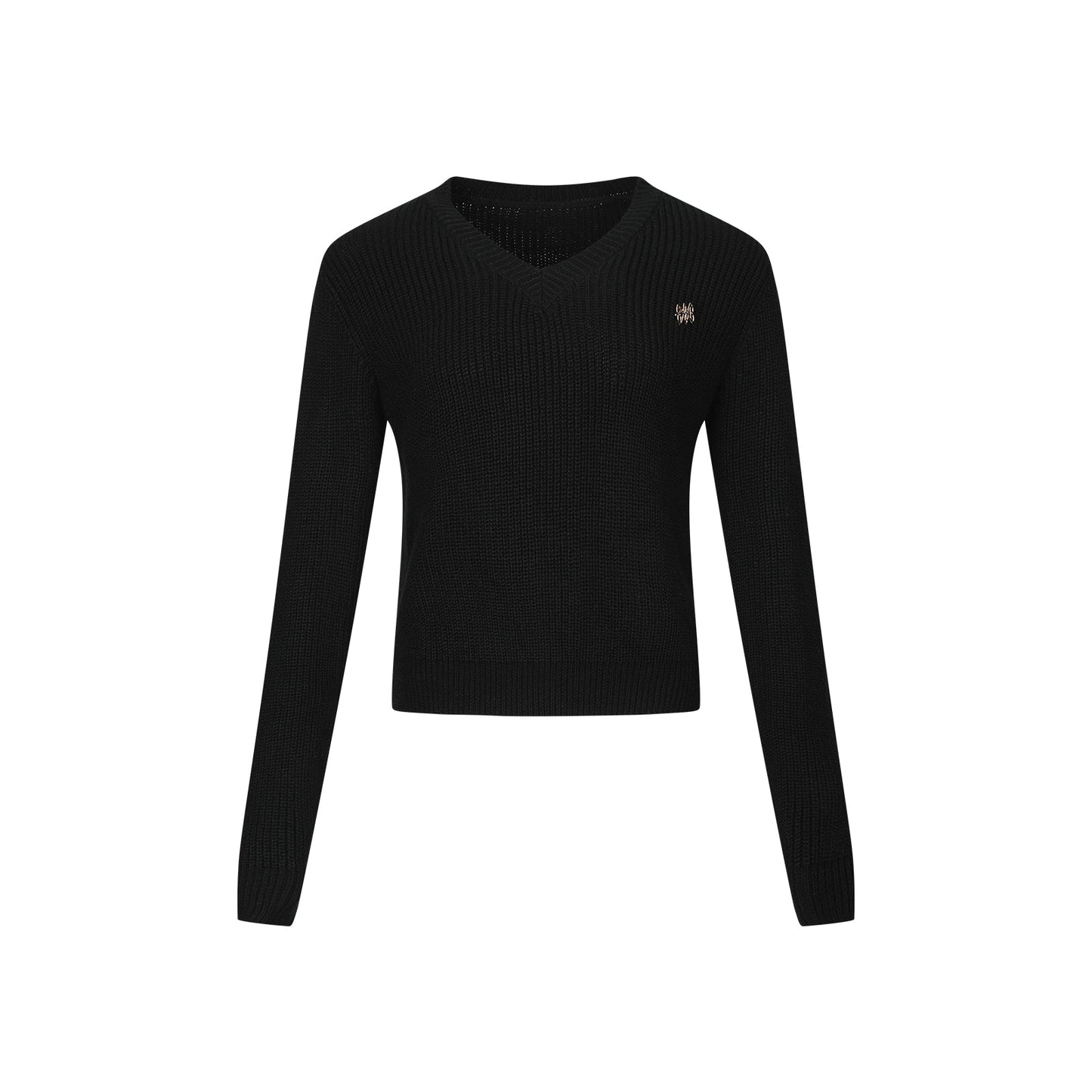 Black long sleeve sweater and white shirt top look